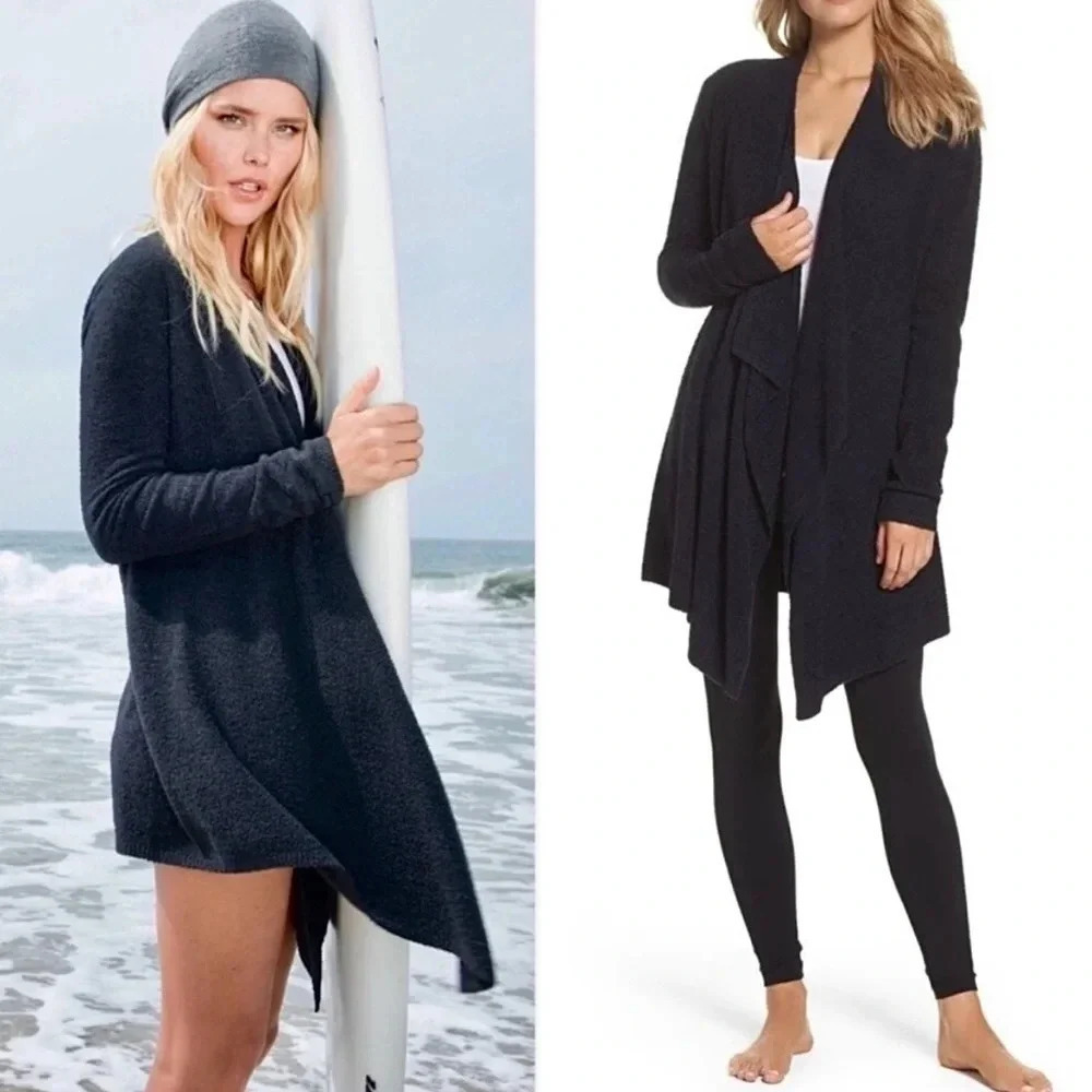 Barefoot Dreams Cozychic Lite Open Long Cardigan in Black. 1X . Boho Cozy Soft